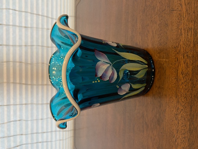 VTG FENTON Aqua White Rim 2003 HEIRLOOM OPTICS COLLECTION Floral Vase SIGNED 6"H