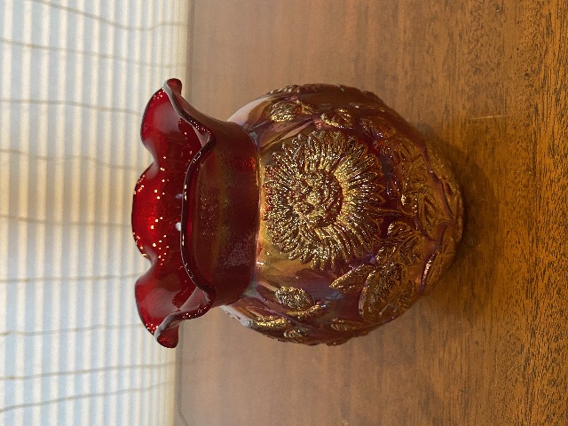 VTG Imperial Glass Red Iridescent Floral CHRYSANTHEMUM Carnival Glass Vase 6"H