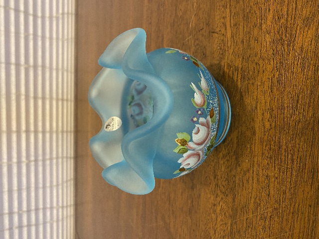 VTG FENTON Satin Blue Floral PAINTED Art Glass Rose Bowl Vase 3.75"H SIGNED