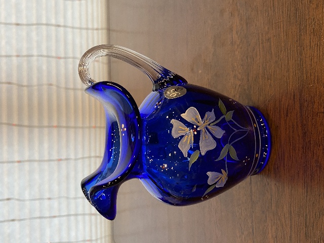 FENTON Cobalt Blue LTD ED #360 Small Floral PAINTED Glass Pitcher SIGNED 5.5"H