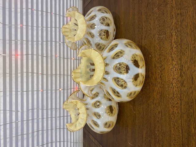 VTG SET(3) FENTON HONEYSUCKLE Opalescent COIN DOT Art Glass Lamp Shades 7"H