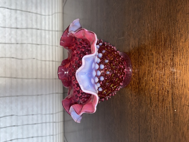 VTG FENTON Cranberry/Pink Opalescent Hobnail Vase 6.25"W