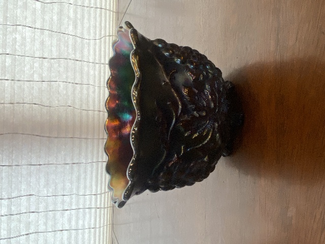 VTG Dugan Blue/Purple Iridescent GRAPE DELIGHT Footed Carnival Nut Bowl 6"W