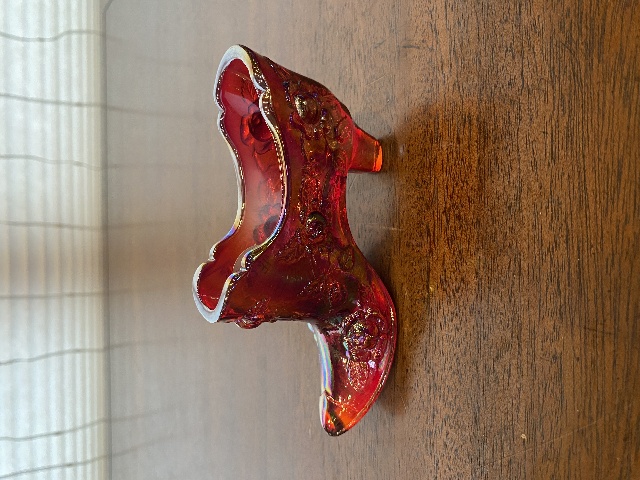 VTG FENTON Red Iridescent Cabbage Rose Glass Shoe/Slipper Figurine W/LABEL 5.5"L