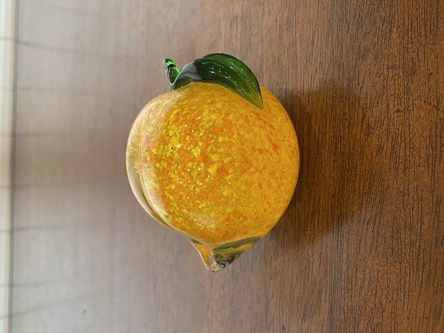 Orange Yellow & Green Peach Fruit Art Glass Paperweight 3.25"L