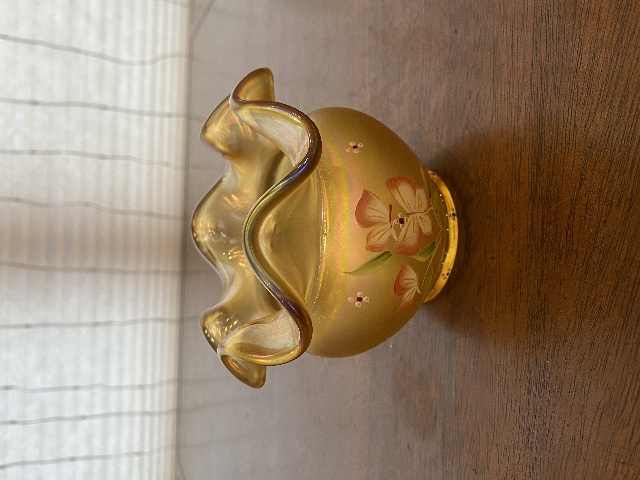 FENTON Gold Iridescent BUTTERFLY GARDEN Rose Bowl Vase 3.75"H SIGNED/PAINTED