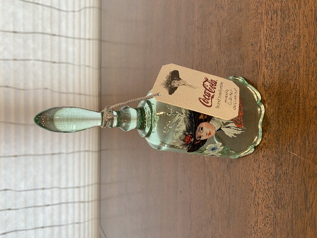 FENTON Green COCA COLA GIRL HAND PAINTED Glass Bell W/TAG 6.75"H SIGNED