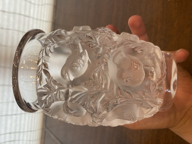 VTG LALIQUE Frosted Crystal BAGATELLE Birds Vase SIGNED 6.75