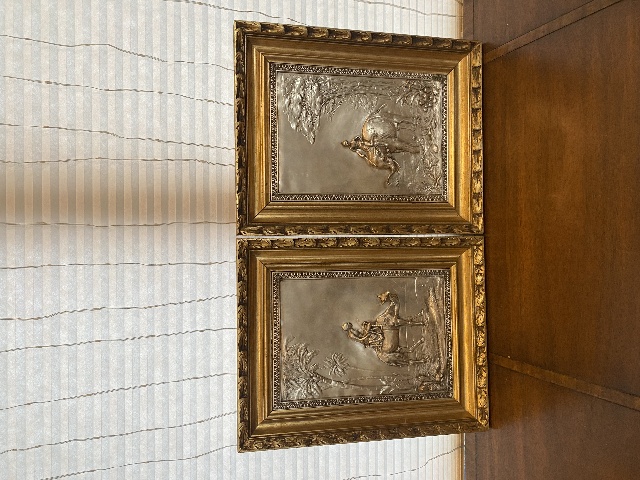 PAIR Of VTG Silver Relief Nature Scene Wooden Framed Plaques 17.75"W x 22.5"L