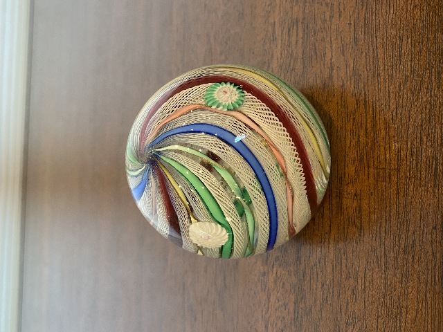 VTG MURANO Multicolored MILLEFIORI & LATTICINO Ribbon Glass Paperweight 2.75"H