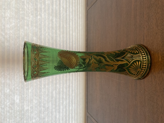 VTG ART NOUVEAU Green W/Gold Floral Etched Pattern Art Glass Vase 13.25"H