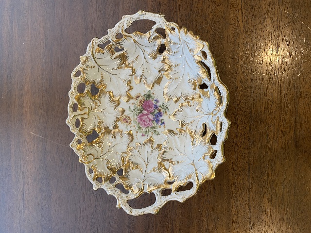 ANTIQUE MEISSEN Floral Pained Gold & White Gilt Decorative Bowl 12"L