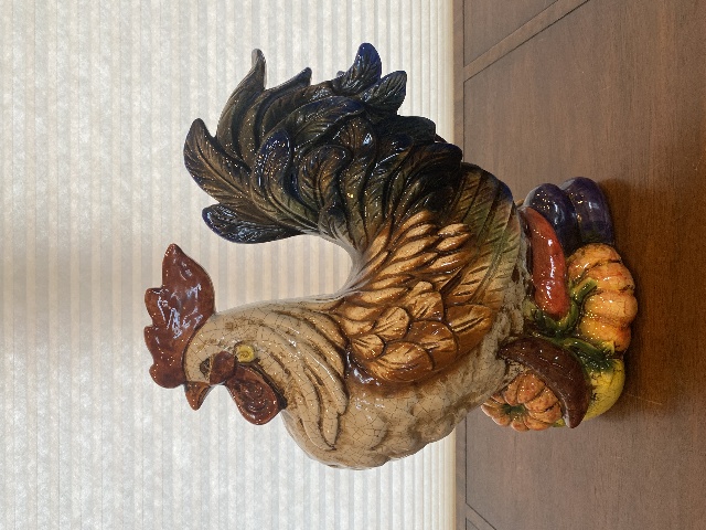LARGE Multicolored Ceramic Rooster Sculpture On Vegetables 15.5"L x 9"W x 18"H