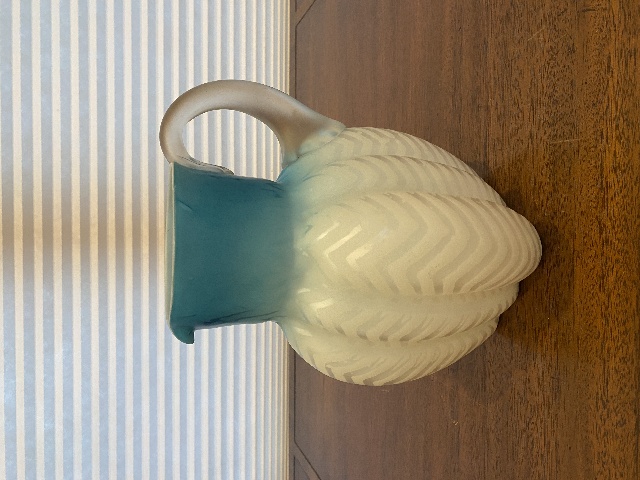 ANTIQUE Blue & White Zig Zag Mother Of Pearl Satin Glass Pitcher 8.5"H