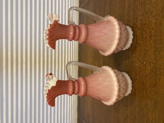 PAIR Of ANTIQUE Pink Satin MOTHER OF PEARL Ruffled Rim Glass Pitchers 9.75"H