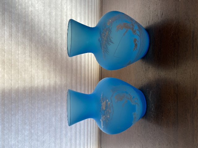 PAIR Of VTG Blue MARY GREGORY Westmoreland Child Fishing Vases SIGNED 7"H