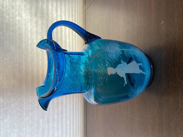 VTG Blue/Turquoise  MARY GREGORY Woman In Nature Pitcher HAND PAINTED 9.25"H