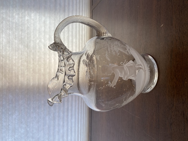 VTG Clear MARY GREGORY Nature Scene Glass Pitcher HAND PAINTED 9"H