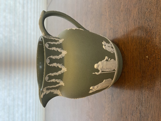 VTG Green/White Wedgwood Jasperware Neoclassical Scene Pitcher 4.75"H