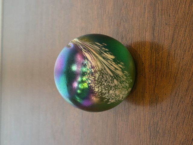 George Good Art Glass Iridescent Paperweight W/White Spots 2.25"H