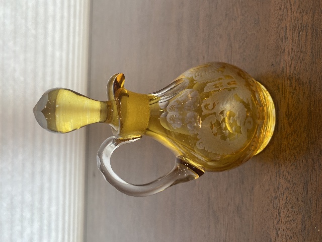 VTG Egermann Honey Amber Cut To Clear Glass Cruet Bottle W/Stopper 6"H