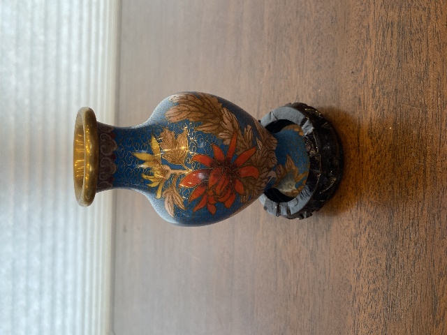 VTG JINGFA Chinese Cloisonn&eacute; On Brass Floral Vase W/Stand 5"H