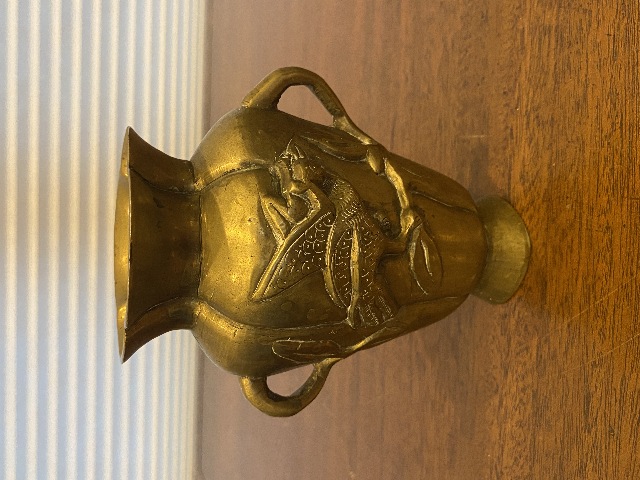 VTG CHINESE Raised Relief Bird On Branch Design Double Handled Brass Vase 6"H