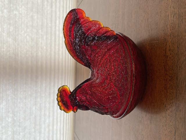 VTG FENTON UV REACTIVE Amberina Nesting Hen Split Tail Art Glass Candy Dish 8"L