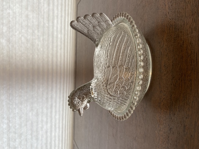 VTG Indiana Glass Clear Glass Nesting Hen Design Candy Dish 7"L