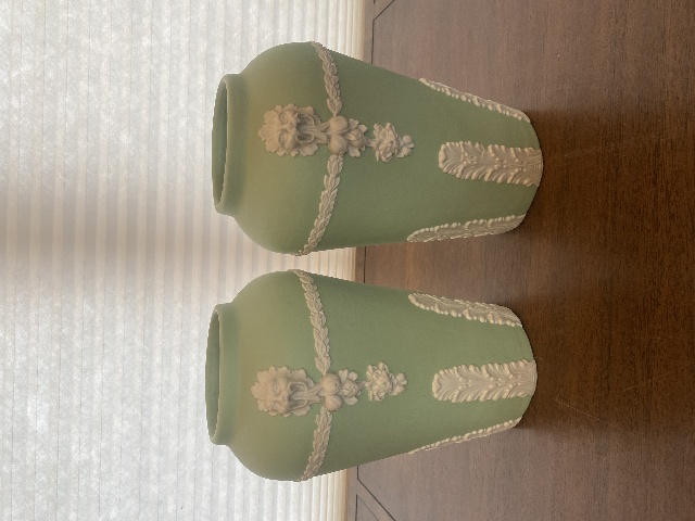 PAIR Of VTG ECANADA Green & White Art Pottery Vases 10"H CANADA
