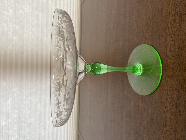 VTG UV REACTIVE Clear/Green Floral Etched Glass Compote 6.75"H