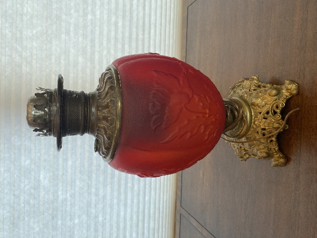 ANTIQUE VICTORIAN Red Satin Floral Patern GWTW Converted Parlor Lamp 16.75"H