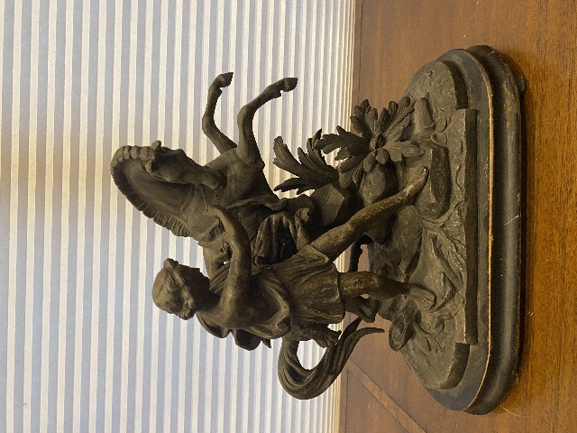 VTG MARLY HORSE Roman Warrior Restraining Horse Metal Sculpture, Wooden Base 15"