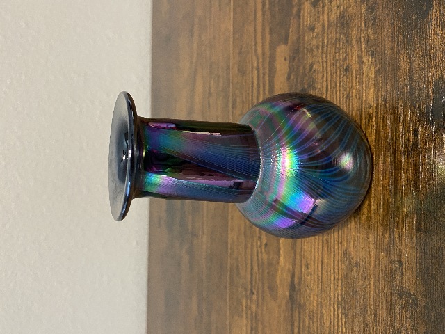 VTG Glass Eye Studio Dark Iridescent PULLED FEATHER Art Glass Vase 4.5"H SIGNED