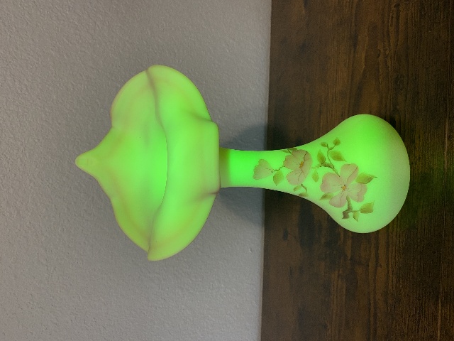 VTG UV REACTIVE FENTON Floral Jack In The Pulpit Art Glass Vase 10 1/8"H SIGNED