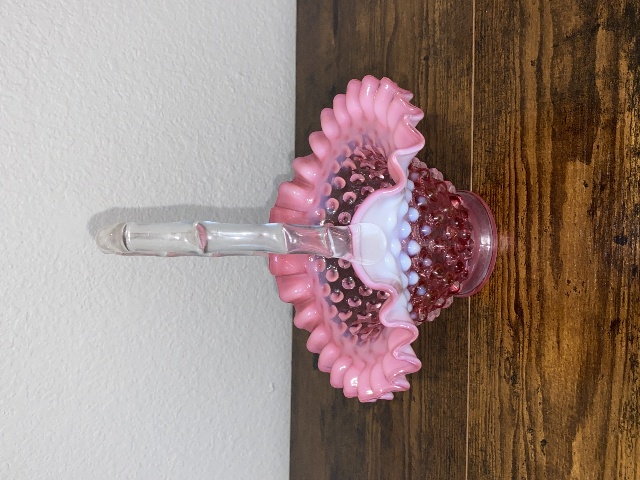 VTG FENTON Cranberry Opalescent Hobnail Ruffled Rim Glass Basket 8"H