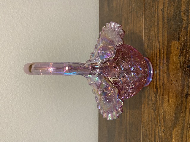 VTG FENTON Pink Iridescent FINE CUT & BLOCK Ruffled Rim Art Glass Basket 8.25"H
