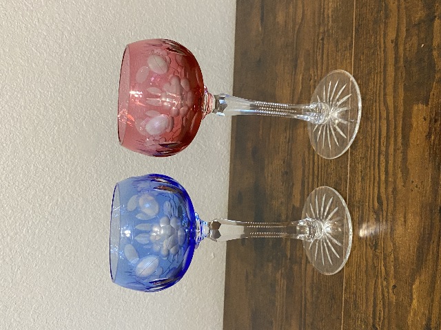 VTG Bohemian Cut To Clear Glass Floral Etched Hock Wine Glasses 7 7/8"H PAIR