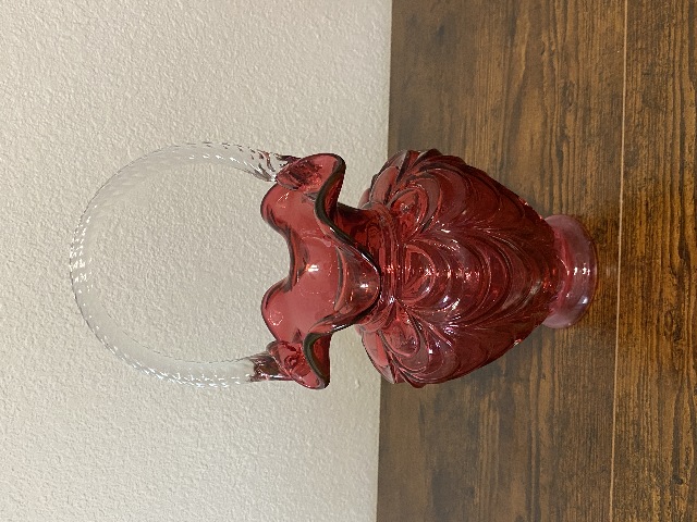 VTG FENTON FENTON Cranberry DRAPERY Clear Twisted Handle Art Glass Basket 10"H