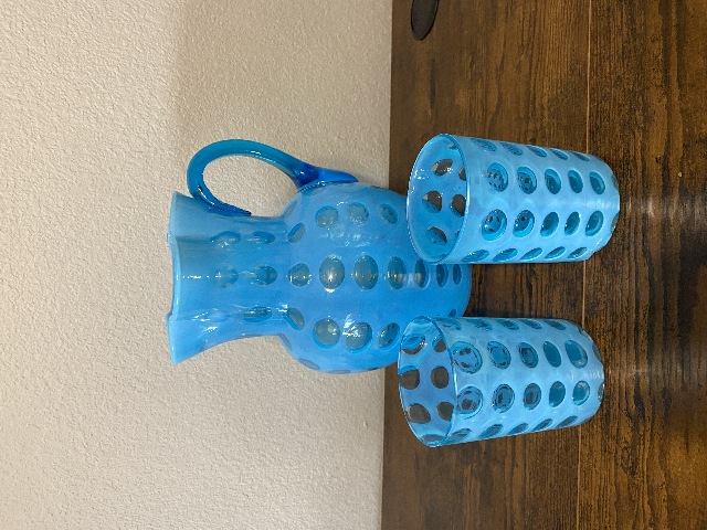 VTG FENTON Blue Opalescent COIN DOT Glass Pitcher + 2 Tumblers SET(3) DAMAGED