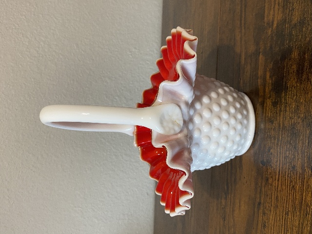 VTG Kanawha Milk Glass Red/White Hobnail Art Glass Basket 7.5"H