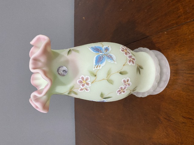 FAGCA 2000 FENTON Burmese LOTUS MIST Butterfly Hurricane Candle Lamp 10.25"H HTF
