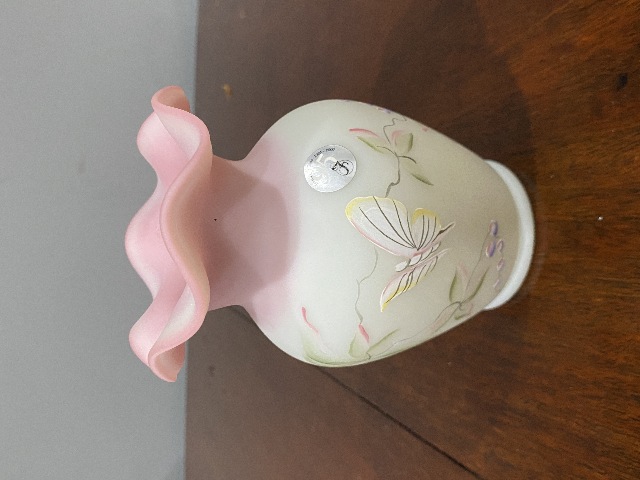 FENTON #1237/2950 95th Anniversary LOTUS MIST BUTTERFLY Burmese Vase 5.25"H