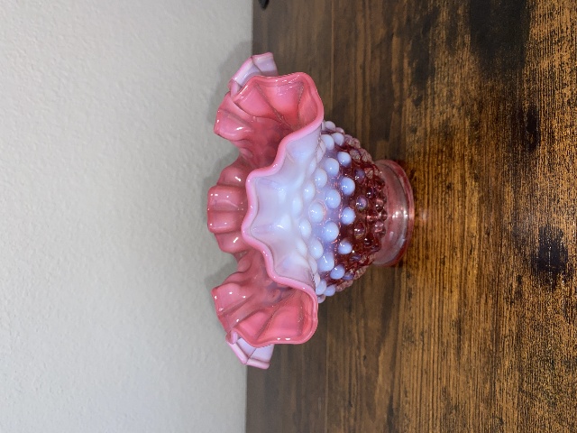 VTG FENTON Cranberry Opalescent Hobnail Ruffled Rim Bowl 6.5"W
