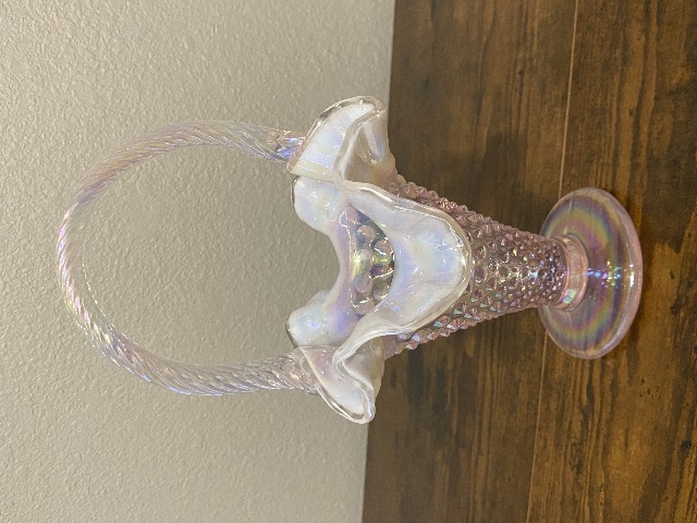 VTG FENTON Pink Opalescent Iridescent Hobnail Twisted Handle Basket 9"H