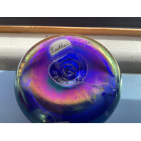 STUNNING Blue Iridescent Signed Perfume Art Glass Bottle 1991 7”H