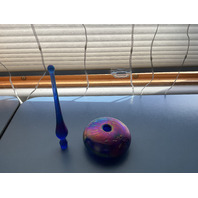 STUNNING Blue Iridescent Signed Perfume Art Glass Bottle 1991 7”H