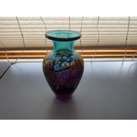 BEAUTIFUL Signed Iridescent Crackle Art Glass Vase 7”H