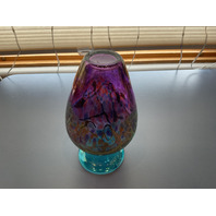 BEAUTIFUL Signed Iridescent Crackle Art Glass Vase 7”H