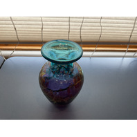 BEAUTIFUL Signed Iridescent Crackle Art Glass Vase 7”H